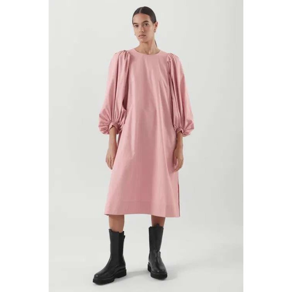 COS Pink Puff Sleeve Cotton Poplin Midi Dress Dusty Rose Size 2 Balloon Sleeve
